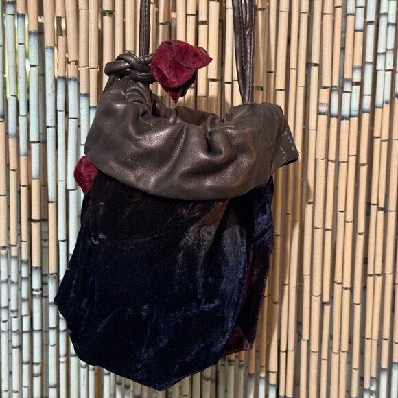Velvet + Leather Small Drawstring Bucket Bag, Multi-Color with Velvet Flowers - Picture 15 of 15